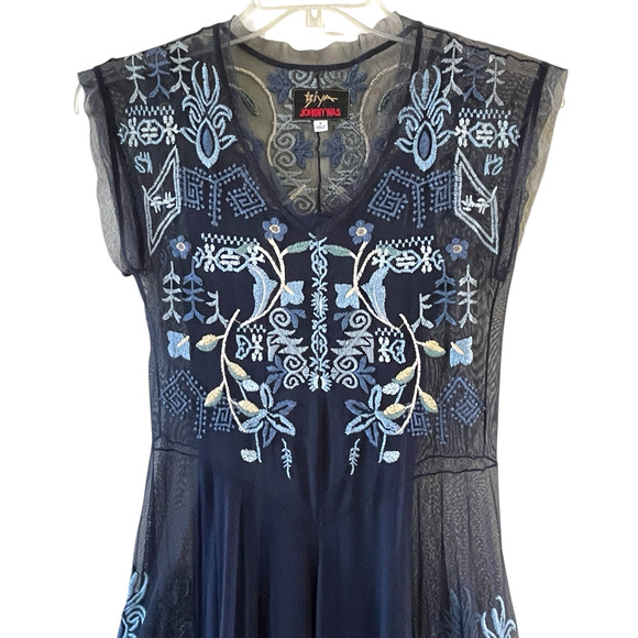 JOHNNY WAS BIYA Mesa Size Small Navy Blue Mesh Floral Embroidery Boho Maxi Dress - Picture 3 of 16
